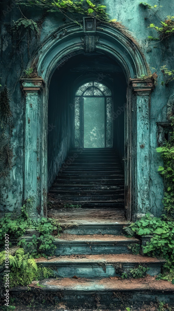 An ethereal view of an abandoned staircase in a mystical, overgrown setting, evoking feelings of mystery and nostalgia. An ethereal view of an abandoned staircase in a mystical, overgrown setting, evoking feelings of mystery and nostalgia.