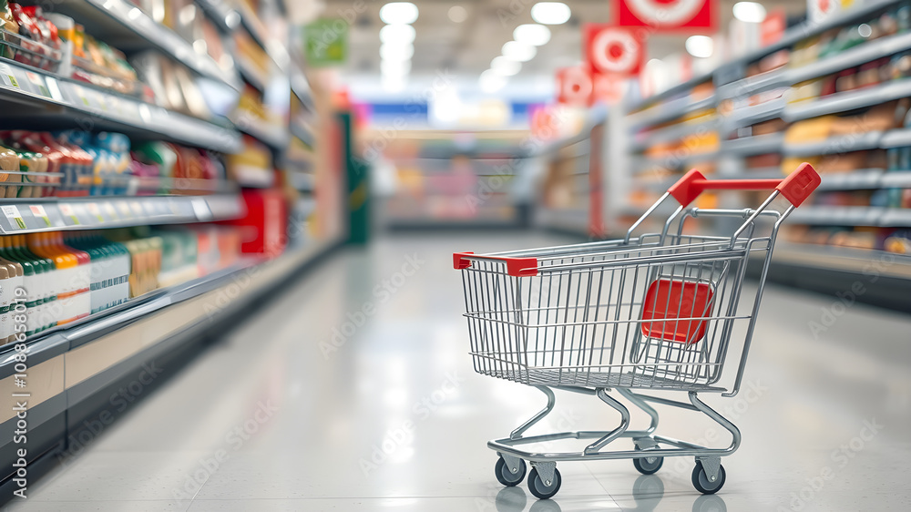 A shopping cart sits in an aisle of a well-stocked supermarket, ready for a shopping spree A shopping cart sits in an aisle of a well-stocked supermarket, ready for a shopping spree