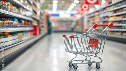 A shopping cart sits in an aisle of a well-stocked supermarket, ready for a shopping spree