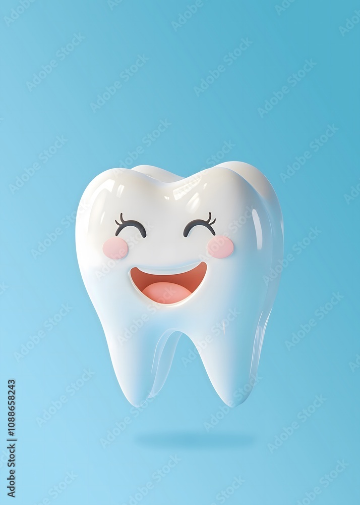A cheerful cartoon tooth eyes, rosy cheeks, and a wide smile stands against a light blue background A cheerful cartoon tooth eyes, rosy cheeks, and a wide smile stands against a light blue background