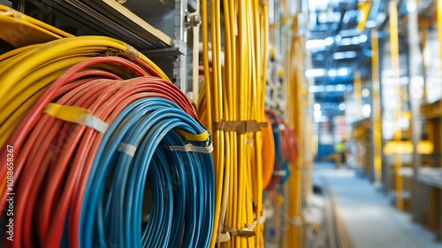 Colorful Electrical Cables & Wiring in Industrial Setting AI Generated photo