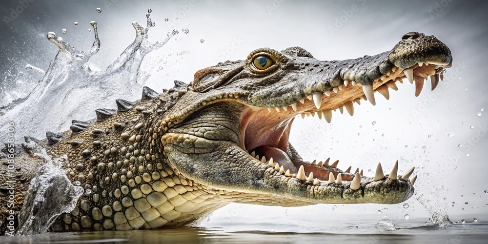 Fototapeta premium Stunning Long Exposure Photography of a Crocodile with Its Mouth Open, Isolated Against a Pure White Background for Wildlife and Nature Enthusiasts