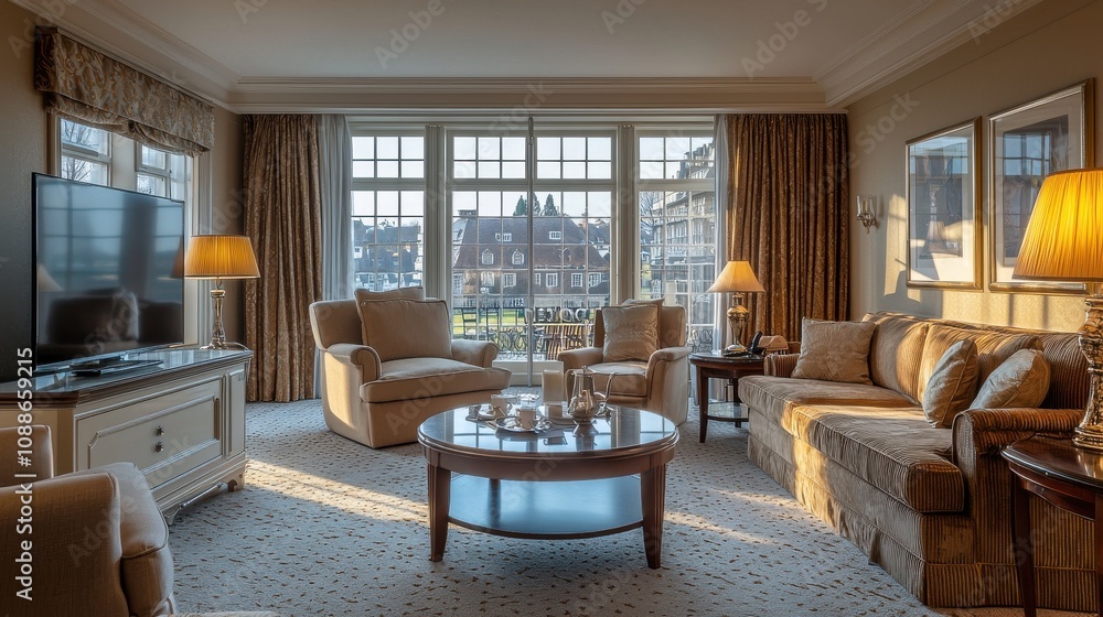 Luxurious living room with elegant decor and stunning view of city skyline in the afternoon light Luxurious living room with elegant decor and stunning view of city skyline in the afternoon light