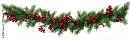 festive garland featuring green pine branches adorned with red berries, perfect for holiday decorations and celebrations