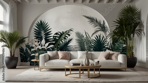 Here's a description and keywords for your stock photo.. Serene living room with arched tropical mural, featuring a white sofa and lush greenery. photo