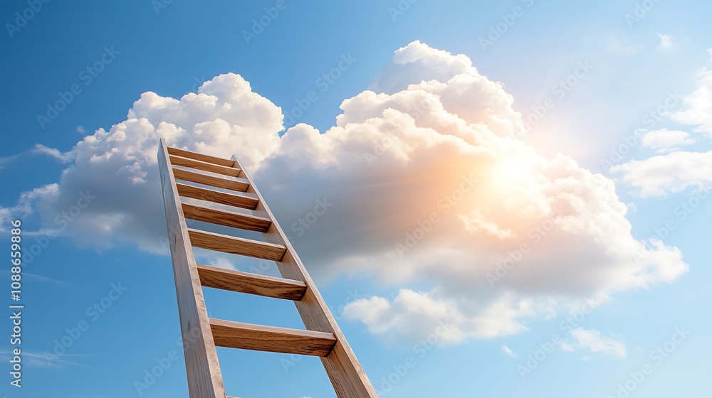 Climbing towards the clouds a wooden ladder under the blue sky nature scene inspirational viewpoint Climbing towards the clouds a wooden ladder under the blue sky nature scene inspirational viewpoint