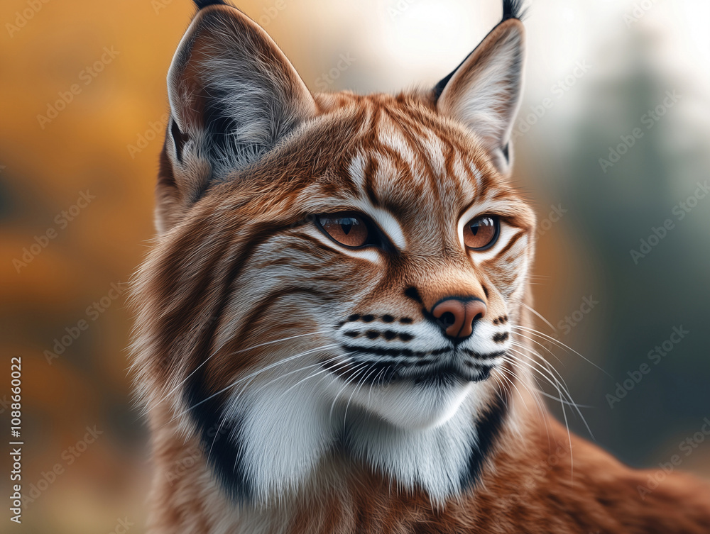 Majestic Bobcat, Lynx rufus, close up with detailed fur in a forest landscape Majestic Bobcat, Lynx rufus, close up with detailed fur in a forest landscape