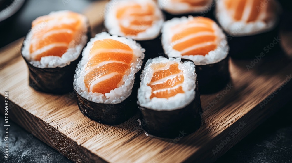 A Selection of Freshly Prepared Salmon Nigiri Sushi Rolls, Beautifully Presented on a Wooden Platter A Selection of Freshly Prepared Salmon Nigiri Sushi Rolls, Beautifully Presented on a Wooden Platter