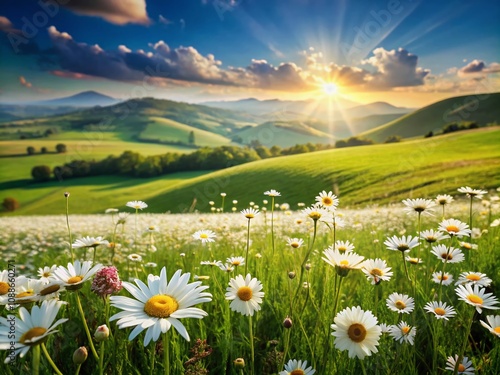 Stunning Spring and Summer Pastoral Landscape Featuring a Blooming Field of Daisies Surrounded by Lush Green Grass in the Picturesque Hilly Countryside with Bokeh Effect