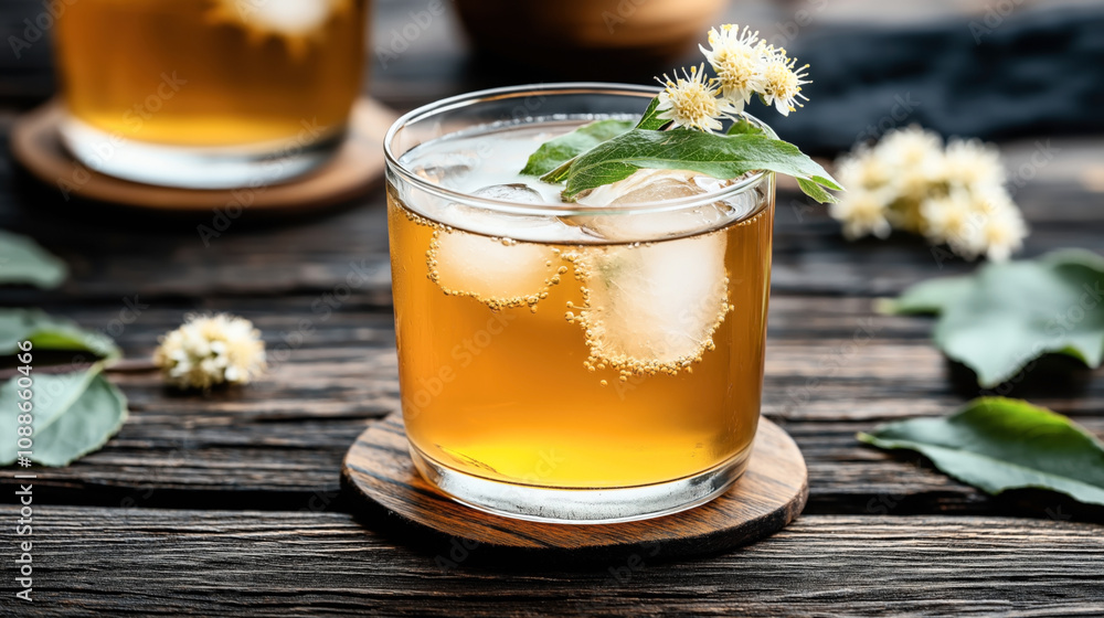 Close-up of a glass of herbal tea with ice cubes and floral garnish on a wooden coaster, placed on a rustic wooden table with scattered leaves and blurred background. Close-up of a glass of herbal tea with ice cubes and floral garnish on a wooden coaster, placed on a rustic wooden table with scattered leaves and blurred background.