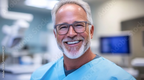 A cheerful dentist with gray hair and glasses in a contemporary dental clinic