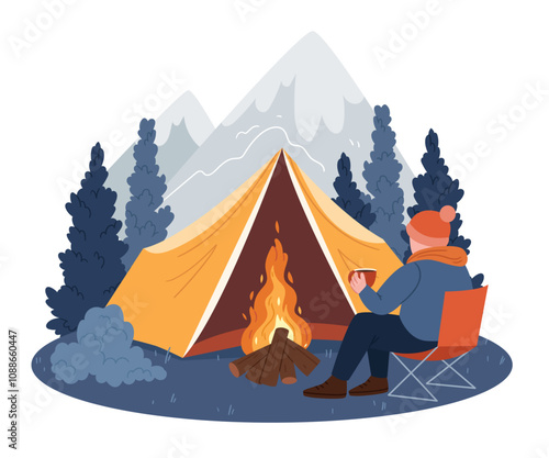 A man drinks coffee while hiking in a mountain forest. A yellow tent near a bonfire.