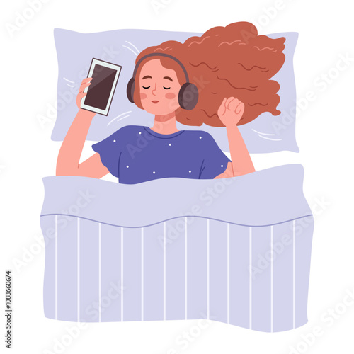 The girl sleeps in bed and listens to music through headphones.Healthy sleep, relaxation, restore energy concept.