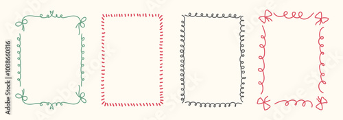 Hand Drawn frame set with doodle bows, ribbons. Whimsical line borders for birthday, christmas, wedding Invitations. Coquette bow set. Vintage minimalist elements in trendy line art style. Vector illu