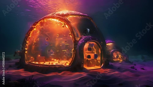 Futuristic underwater habitat with transparent dome, warm interior lighting, showcasing human life and work beneath the ocean's surface.