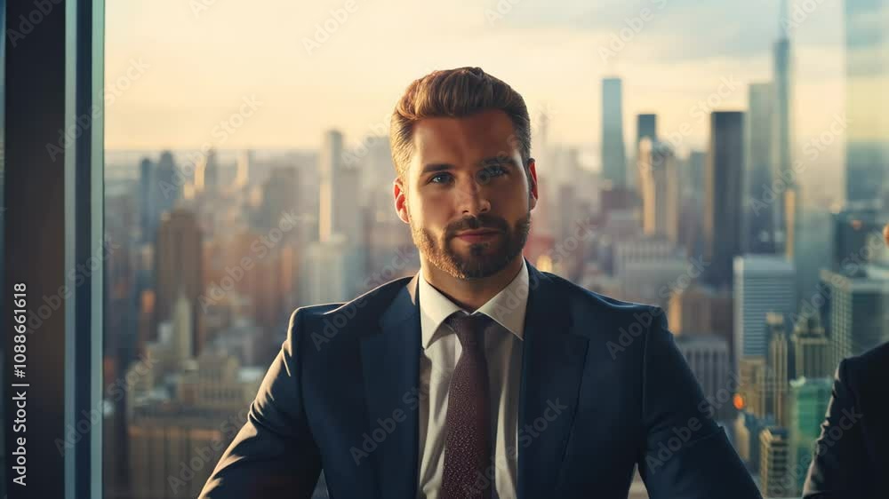 Confident Business Leader Smiling in Boardroom Meeting at Sunset Sunrise with Team and Cityscape in Background with Light Flare – Corporate Success and Leadership Concept Confident Business Leader Smiling in Boardroom Meeting at Sunset Sunrise with Team and Cityscape in Background with Light Flare – Corporate Success and Leadership Concept