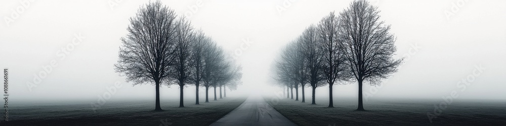 Misty morning walk serene tree-lined path nature scene foggy atmosphere tranquil viewpoint Misty morning walk serene tree-lined path nature scene foggy atmosphere tranquil viewpoint