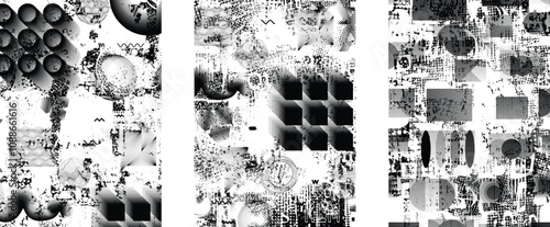 Set of glitch distorted grunge overlay textures. Collection of overlaying textures with halftone dots, scratches and lines .Screen print vector layers pack. Overlays with grunge textured surface