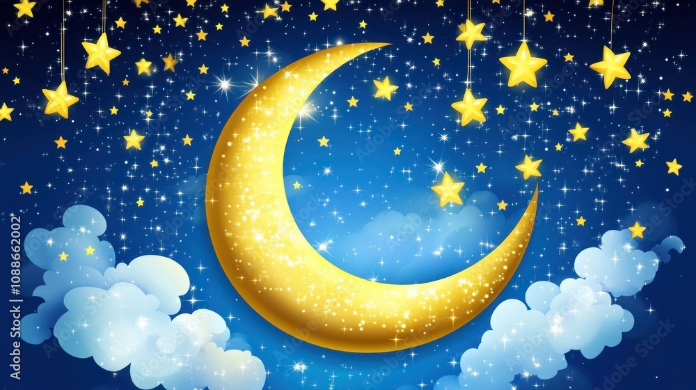 Fototapeta premium A crescent moon with stars hanging from a dark blue night sky.