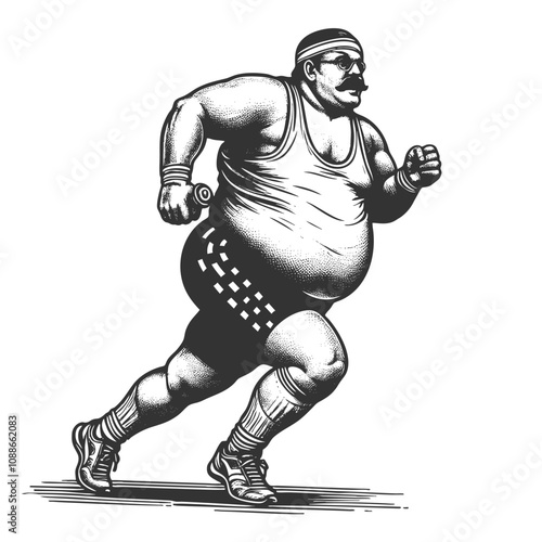Body positive fat overweight stout man jogging in athletic gear, fitness enthusiasm sketch engraving generative ai fictional character vector illustration. Scratch board. Black and white image.