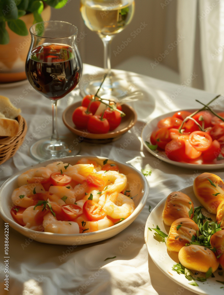 Assorted Spanish tapas on light surface with sunlight, traditional dishes Assorted Spanish tapas on light surface with sunlight, traditional dishes