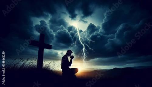 Silhouette of a man kneeling in prayer near a wooden cross, lightning in the background