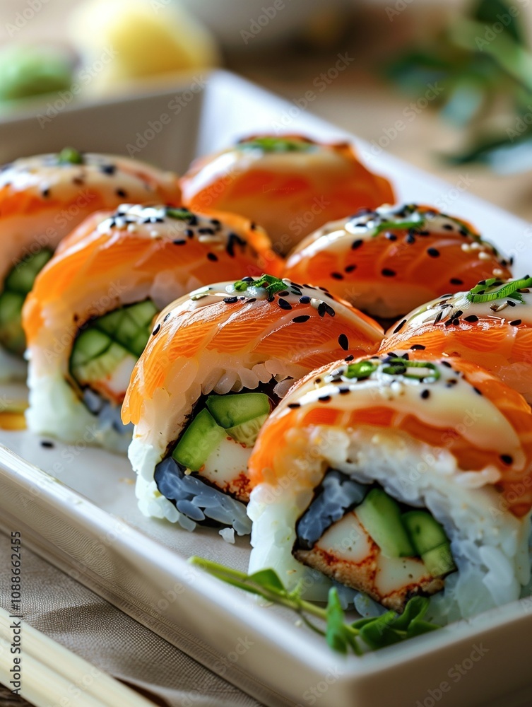 Close-up photo of Dragon Roll sushi with eel, cucumber, and avocado topped with unagi sauce on a light background Close-up photo of Dragon Roll sushi with eel, cucumber, and avocado topped with unagi sauce on a light background