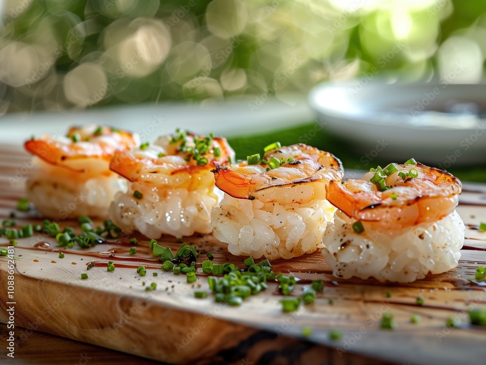 Ebi Nigiri shrimp sushi on a wooden plate with sesame, close up Ebi Nigiri shrimp sushi on a wooden plate with sesame, close up