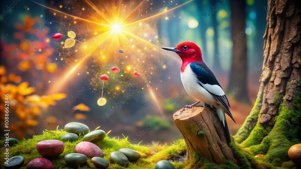 Fototapeta premium Surreal Scene of a Red-headed Woodpecker Perched on a Tree Trunk Surrounded by Dreamlike Elements, Evoking Nature's Mystique and Vibrancy in an Enchanted Forest Setting