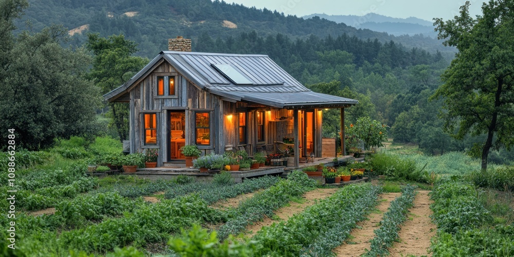 Cozy rustic cabin nestled in a lush green valley at dusk, illuminated from within, showcasing a tranquil countryside setting. Cozy rustic cabin nestled in a lush green valley at dusk, illuminated from within, showcasing a tranquil countryside setting.