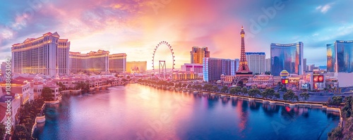 A picturesque view of the High Roller observation wheel, with its colorful lights and the Las Vegas skyline in the background