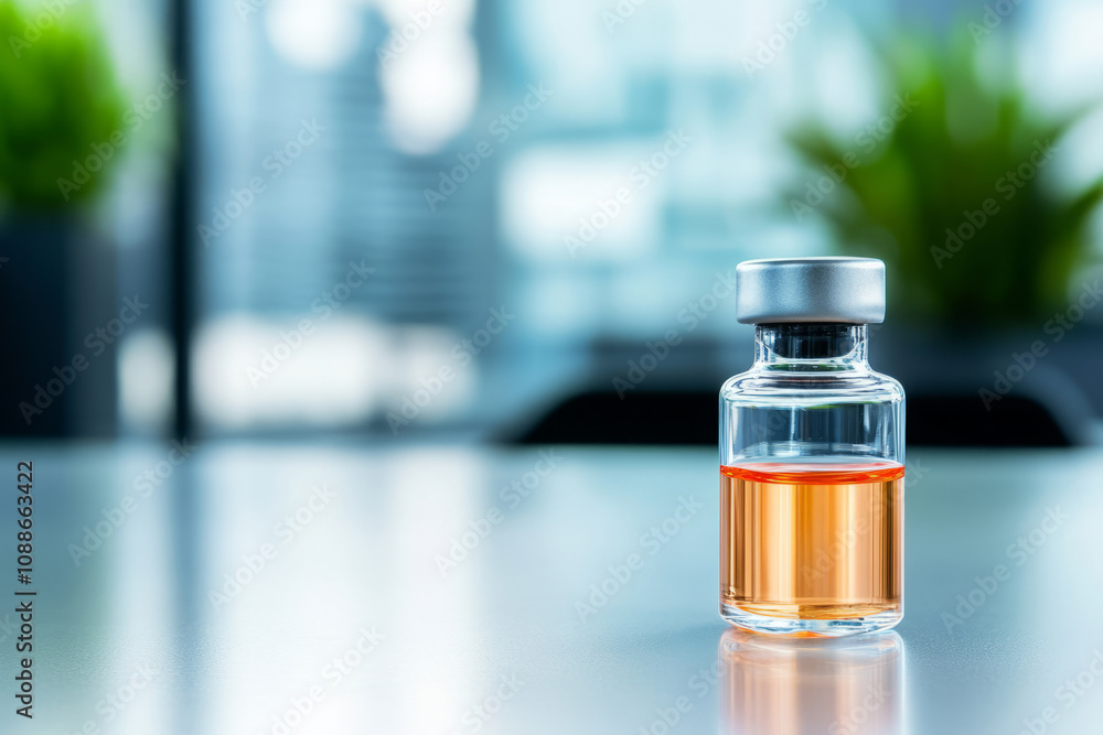 Glass medical vial containing liquid with a blurred office background Glass medical vial containing liquid with a blurred office background