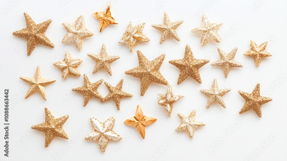 Festive Gold Glitter Stars on White Background, a joyful flat lay composition showcasing shimmering stars, ideal for holiday celebrations, invitations, or cheerful decor. Festive Gold Glitter Stars on White Background, a joyful flat lay composition showcasing shimmering stars, ideal for holiday celebrations, invitations, or cheerful decor.