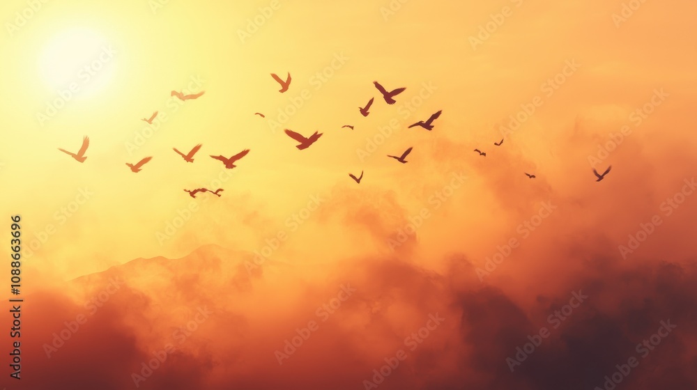 Fototapeta premium Birds soaring above foggy landscape at sunrise nature photography tranquil environment