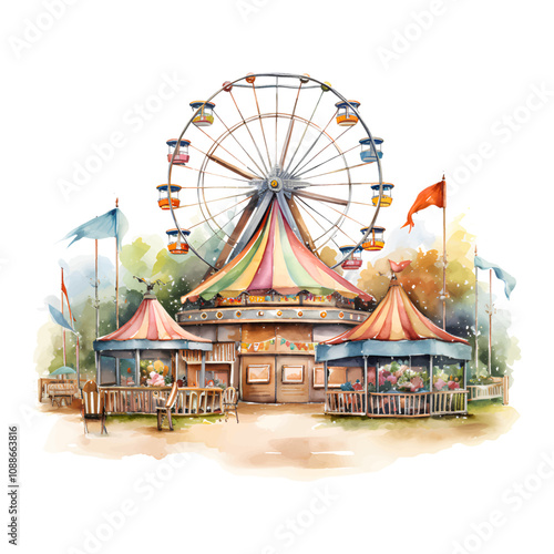 watercolor funfair vignette, suluboya lunapark vinyet