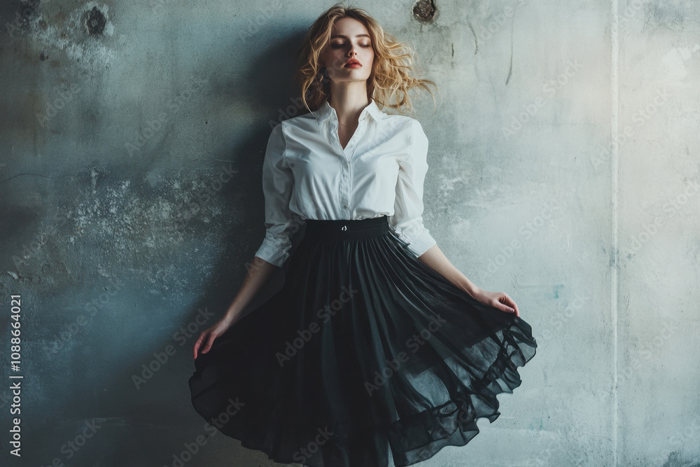 Elegant woman in white blouse and black skirt poses in front of textured wall, exuding grace and confidence with flowing hair and poised demeanor. Elegant woman in white blouse and black skirt poses in front of textured wall, exuding grace and confidence with flowing hair and poised demeanor.