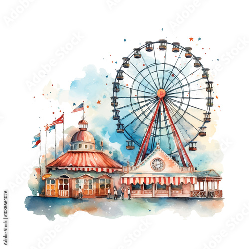 watercolor funfair vignette, suluboya lunapark vinyet