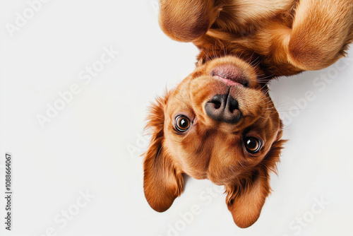 Playful dog lying on its back, showcasing its adorable face and expressive eyes. This charming pet exudes joy and curiosity, perfect for animal lovers