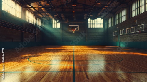 Big empty basketball court before upcoming game, Hoop, backboard at center. Professional sport arena. Polished wooden floor. Large stadium background. World championship match. School gym. photo