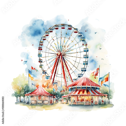 watercolor funfair vignette, suluboya lunapark vinyet