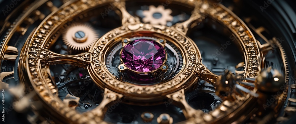 Close-up of intricate watch gears with a magenta gemstone in the center Close-up of intricate watch gears with a magenta gemstone in the center