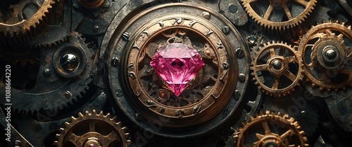 Close-up of intricate watch gears with a magenta gemstone in the center