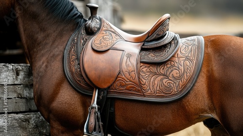 Close up beautiful professional fashion expensive crafted leather saddle on horse. Traditional craftsmanship and equestrian sport. photo