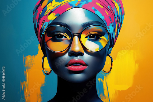 Vibrant portrait of a woman with a colorful patterned turban, large yellow sunglasses, hoop earrings, and bold makeup against a striking background. photo