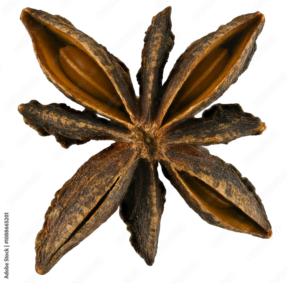 Star anise isolated on a transparent background. Completely in focus. Macro photo.