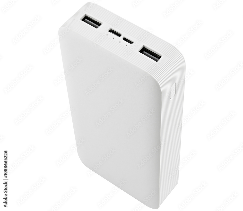 White power bank isolated on a transparent background. Portable battery. Completely in focus. White power bank isolated on a transparent background. Portable battery. Completely in focus.