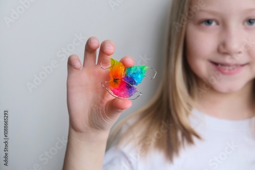 A dental plate for children of rainbow color. The child holds orthodontic braces in his hands to align the teeth and expand the jaw.