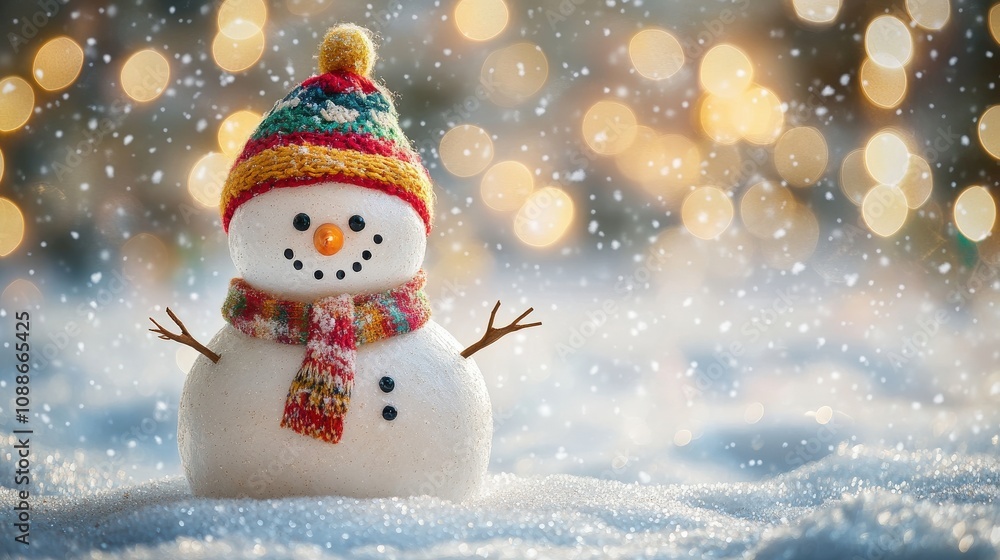 Cheerful Snowman with Knitted Hat and Scarf in a Winter Wonderland Cheerful Snowman with Knitted Hat and Scarf in a Winter Wonderland