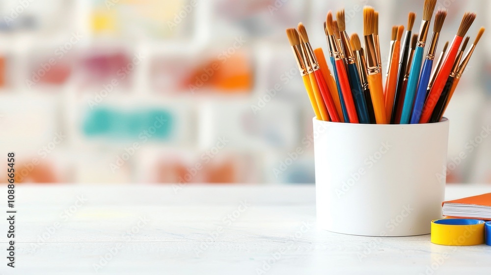 Cozy Art Corner with Sketchbooks and Paintbrushes Cozy Art Corner with Sketchbooks and Paintbrushes