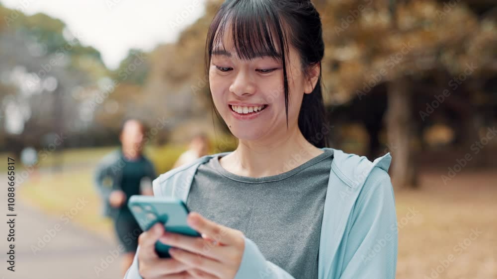Laugh, fitness and Japanese woman with phone in park searching for online exercise program for health. Sports, cellphone and female athlete typing on browsing website for workout routine outdoor. Laugh, fitness and Japanese woman with phone in park searching for online exercise program for health. Sports, cellphone and female athlete typing on browsing website for workout routine outdoor.
